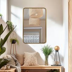 a mirror hanging on the wall above a wooden bench with pillows and plants in front of it