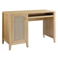 a wooden desk with wicker doors and drawers