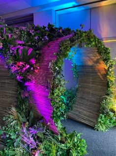 an office cubicle decorated with purple and green plants