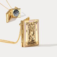 This exquisite Tarot Locket Necklace embodies a sense of high fashion, luxury, and sophistication. Crafted from brass and enamel, it's sure to be a statement piece you'll love to show off. Hang it out for all to admire and enjoy its artistry and spiritual symbolism. Treat yourself to this special piece of jewelry and let the High Priestess guide your destiny. DETAILS Plating: 18K Gold Materials: 18K Gold on Brass, Enamel Necklace Length: Adjustable, 29.52"(75cm) Weight: 32.82g Hypoallergenic des Tarot Jewelry, The High Priestess Tarot Card, Priestess Tarot Card, The High Priestess Tarot, High Priestess Tarot, Brass Pendant Necklace, The High Priestess, Astrology Jewelry, Cat Pendant Necklace