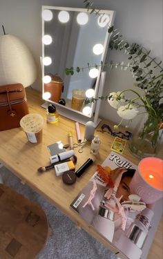 the vanity is full of makeup and accessories