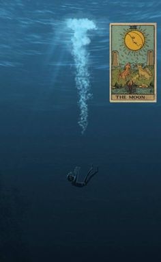 an image of a person floating in the water next to a tarot box with a clock on it