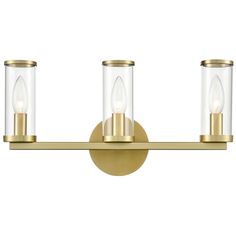 Alora Revolve E12 17-in Clear Glass/Natural Brass Wall Vanity Brass Bathroom Lighting, Urban Bronze, Brass Vanity Light, Antiqued Candle Holders, Wall Vanity, Antique Candles, Vanity Light Fixtures, Bathroom Sconces, Deco Luminaire