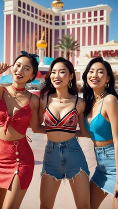 three beautiful young women standing next to each other in front of a las vegas hotel