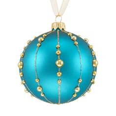 a blue ornament hanging from a white ribbon on a white background with gold beading