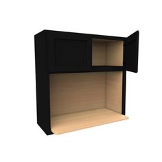 a black cabinet with two open shelves on the bottom and one closed shelf above it