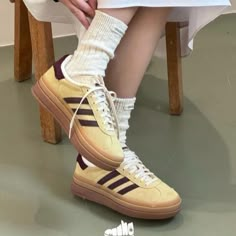 adidas Originals Women's Gazelle Bold Shoes Maroon/Yellow Color- New Shoes Adidas Samba Yellow, Yellow Gazelle Adidas Outfit, Outfits With Adidas Gazelle Bold, Adidas Bold Gazelle, Adidas Gazelle Bold Outfit, Gazelle Bold Outfit, Melbourne Street Style, Gazelle Bold Shoes