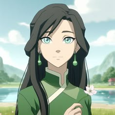 an anime character with long black hair and blue eyes holding a flower in her hand