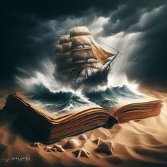 an open book sitting on top of a sandy beach next to a ship in the ocean