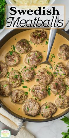 swedish meatballs with gravy and parsley in a skillet on a table