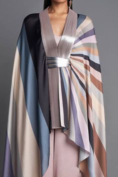 Buy Multi Color Chiffon Plain V Neck Metallic Draped Cape For Women by Amit Aggarwal Online at Aza Fashions. Kaftan For Ladies, Asymmetric Cape, Amit Aggarwal, Cape Women, Abaya Pattern, Cape For Women, Kimono Kaftan, Northern Star, Modest Dresses Casual