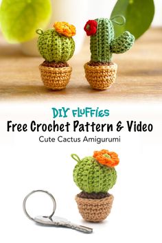 two crocheted cactuses sitting on top of each other next to a pair of scissors