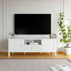 a flat screen tv sitting on top of a white entertainment center next to a potted plant