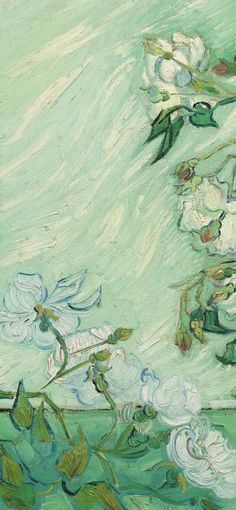 an oil painting of white flowers on a green background with blue sky in the background