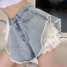 Qteee - Premium High Waist Lace Denim Shorts with Undergarment Denim Hot Pants, Lace Denim Shorts, Sharp Scissors, Model Pose, Denim And Lace, Really Cute Outfits, 가을 패션, Kawaii Clothes, Character Outfits