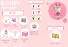 an info sheet with different items in pink and white