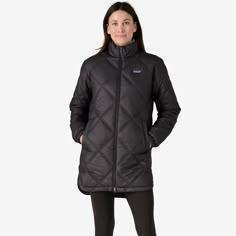 Warm, sporty and detailed, the Pine Bank Insulated Parka is built from 100% recycled polyester ripstop with a durable water repellent (DWR) finish that's made without intentionally added PFAS, and insulated with 100-g Thermogreen® 100% recycled polyester. Diamond quilting and a scalloped hem create a flattering silhouette that's great for layering during transitional seasons. Made in a Fair Trade Certified™ factory. | Patagonia Women's Pine Bank Insulated Parka in Ink Black, Small - Parka Jacket Black Winter Travel Parka, Patagonia Womens Parka, Parka Jacket Women's Rei, Insulated Black Parka, Patagonia Winter Outerwear, Midweight, Patagonia Jacket, Travel Clothes, Sorel Womens, Fashion Goals