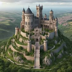 an aerial view of a castle on top of a hill