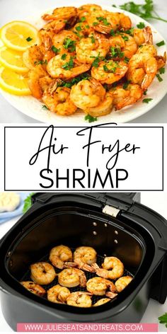 air fryer shrimp recipe with lemons and parsley on the side, in an air fryer