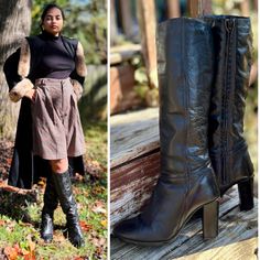 We are pleased to offer these burgundy leather boots from 1978 by Etienne Aigner. Advert is from 1978 with original price of $84.99 which is about $500 in today's dollar.   ✂ Features:     * Genuine soft calf leather      * Soft lining     * Curved upper detail     * Side zipper     * High 3" heels with brass logo trim      ✂ MEASUREMENTS: These are labeled as 8 Shoes are 10.5" in length and 3.5" at the widest point.  The heels are 3" in height.   These are 19" in height (Knee high on Marley but Luxury Leather Knee-high Boots With Snip Toe, Etienne Aigner Boots, Vintage Brown Leather Knee-high Boots, Vintage Brown Ankle-high Moto Boots, Tall Knee-high Heeled Boots With Zipper Closure, Etienne Aigner, The Vamps, Black Leather Boots, Boot Shoes Women