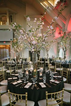 the tables are set with black linens, gold chairs and tall centerpieces