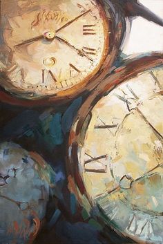 an image of three clocks that are in the painting style with different colors and sizes