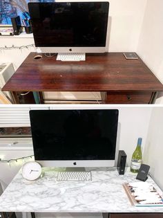 two pictures of a desk with a computer on it