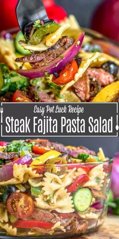 a salad with meat, vegetables and pasta being lifted from the bowl by a spatula