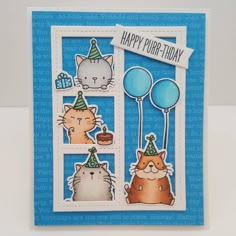 an image of a birthday card with cats and balloons on the window sill, which says happy birthday