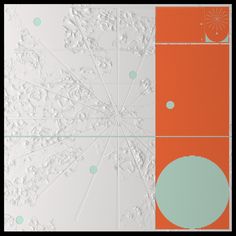 an orange and white background with circles, dots and lines on the bottom half of it