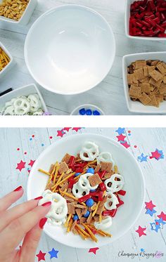 a bowl filled with cereal and pretzels on top of a white table next to red, white and blue stars