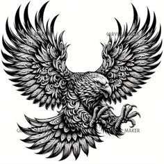 a black and white drawing of an eagle with wings spread out, it's head is