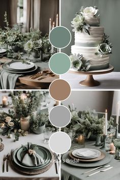 the table is set with green and white flowers, candles, plates and napkins