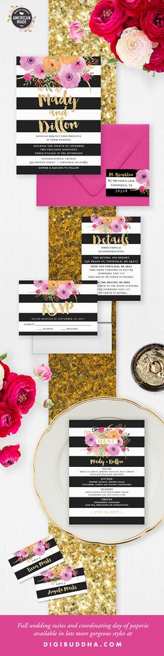 pink and black wedding stationery with gold glitters, roses, and striped paper