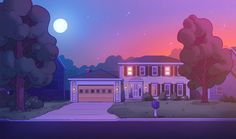 a cartoon house with trees and bushes in front of it at night, the sky is purple