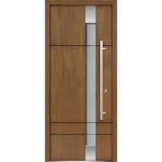 an image of a modern wooden door with glass and metal handle on the bottom panel