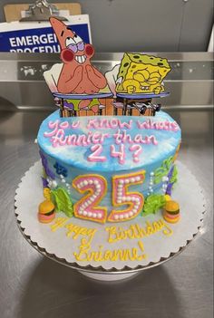 a spongebob themed birthday cake with the number twenty five and 25 on it