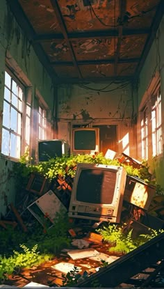 an abandoned computer room with lots of windows and plants growing out of the floor,