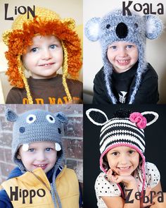 four children wearing knitted animal hats with the words happy, lion, koala, and hippo written on them