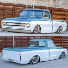 two pictures of an old pickup truck in different stages of being painted white and blue