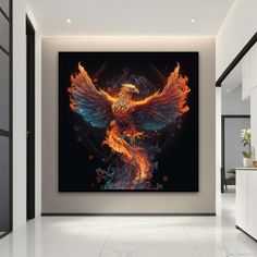 a painting on the wall of a room with a large eagle in it's center