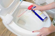 a person using a brush to clean a toilet