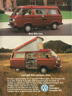 an advertisement for the vw camper van, with two pictures of it's interior