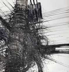 an abstract photo of wires and telephone poles