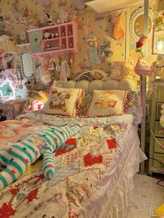 a bedroom with many stuffed animals on the walls and bedding, including teddy bears