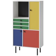 a multicolored cabinet with two doors and three drawers on the bottom, one door open