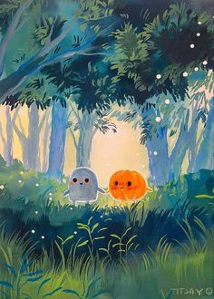 an image of two cats walking in the woods with oranges and bluebells