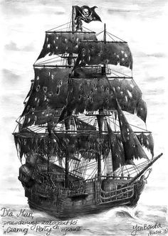 a drawing of a pirate ship sailing in the ocean with a flag on it's mast