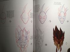 an open book showing how to draw dragon head with different angles and colors on the pages