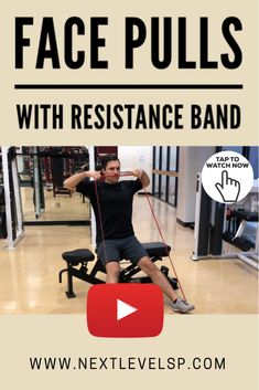 a man sitting on top of a bench holding a resistance band with the text face pulls with resistance band